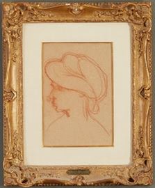 Lot #72Louis Valtat (1869-1952). Drawing in sanguine on paper depicting the profile of a person wearing a hat. 
Provenance: Wally Findlay Galleries, Chicago. 
Dimensions: Sight; height: 10 1/2 in x width: 7 1/4 in. Framed; height: 19 in x width: 15 1/2 in.
