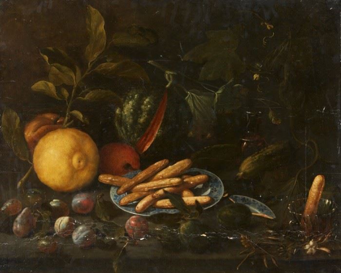 Lot #78 Old Master, Dutch School. Oil painting on panel depicting fruit and bread, c. 17th century. 
Provenance: Distinguished corporate collection, Minnesota.
Dimensions: Unframed; height: 27 1/2 in x width: 35 in. Framed; height: 35 1/2 in x width: 42 in.
