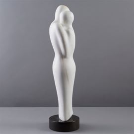 Lot #81 Daniel Newman (1929 - 1994). White marble sculpture of two figures embracing. Mounted on round black marble stand. Signed along the base.
Provenance: Private collection, Minnesota. 
Dimensions: Height: 26 in x width: 8 in x depth: 5 1/2 in.