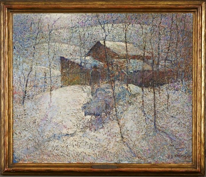 Lot #22 John Costigan (1888-1972). Oil on canvas titled The Barns, Winter. Signed along the lower right. 
Provenance: Radio City Theater, Minneapolis, Minnesota.
                      Private collection, Minnesota.
Dimensions: Unframed; height: 25 1/4 in x width: 30 1/2 in. Framed; height: 29 1/4 in x width: 34 in.