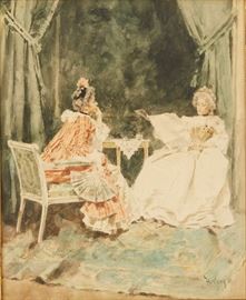 Lot #67Mariano Fortuny (1838 - 1874.) Watercolor on paper depicting two 18th century ladies reading the paper. Painting is signed along the lower right and dated '70. 
Provenance: Graham Gallery, New York.
Dimensions: Sight; height: 15 1/4 in x width: 12 in. Framed; height: 17 1/4 in x width: 14 1/4 in.