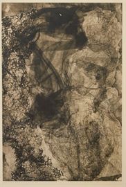 Lot #64 Louise Nevelson (1899 - 1988). Soft-ground etching on paper titled Essences Five. Print is signed and dated '77 along the lower right, inscribed P.P. along the lower left, and titled along the lower center. 
Provenance: Private collection, Minnesota. 
Dimensions: Sight; height: 37 1/2 in x width: 25 3/4 in. Framed; height: 45 3/4 in x width: 33 1/2 in.