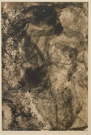 Lot #64 Louise Nevelson (1899 - 1988). Soft-ground etching on paper titled Essences Five. Print is signed and dated '77 along the lower right, inscribed P.P. along the lower left, and titled along the lower center. 
Provenance: Private collection, Minnesota. 
Dimensions: Sight; height: 37 1/2 in x width: 25 3/4 in. Framed; height: 45 3/4 in x width: 33 1/2 in.