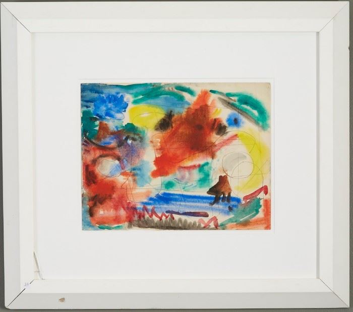 Lot #28 Hugh Kappel (1910-1982). Abstract watercolor on paper. 
Provenance: Estate of the artist.
Dimensions: Sheet; height: 11 in x width: 14 1/2. Framed; height: 24 in x width: 26 1/2 in.
