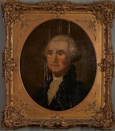 Lot #77 
Unsigned oil on board portrait of George Washington, c. 19th century. 
Provenance: Private collection, Minnesota. 
Dimensions: Unframed; height: 27 1/4 in x width: 23 1/4 in. Framed; height: 35 1/2 in x width: 29 1/2 in.
