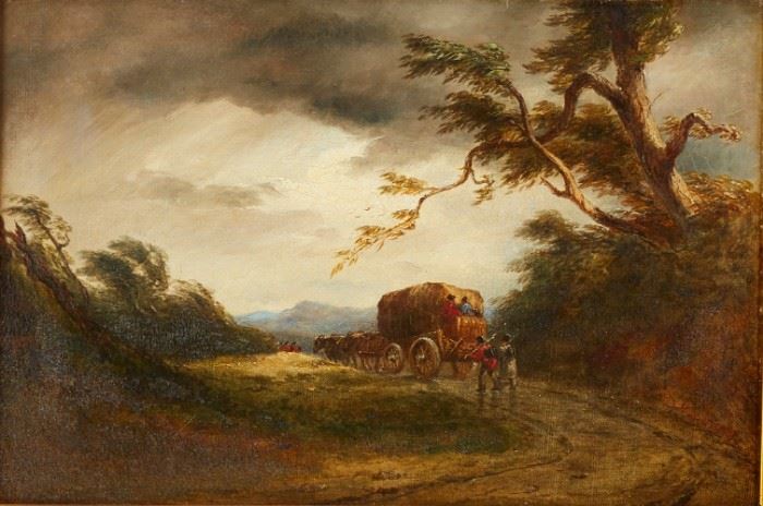 Lot #75 Style of David Cox the Elder (1783-1859). Oil on canvas titled The Coming Storm, depicting a carriage and windblown trees. Provenance: Private collection, Minnesota.
Dimensions: Unframed; height: 11 in x width: 16 1/4 in. Framed; height: 22 in x width: 27 3/4 in.