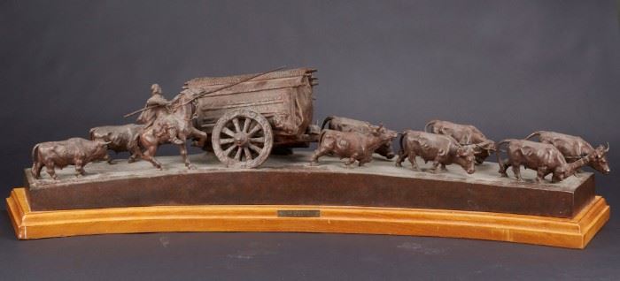 Lot #19 Jose Belloni (1882-1965). Bronze sculpture titled La Carreta of a team of oxen pulling a wagon. Sculpture is signed along the base. 
Provenance: Distinguished corporate collection, Minnesota.
Dimensions: Height: 10 in x width: 41 in x depth: 13 in.