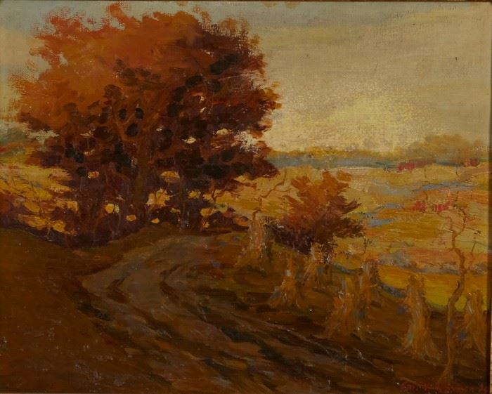 Lot #4 Carl Rawson (1884 - 1970). Oil on canvas-laid board depicting a landscape of autumn trees, corn shocks, and fields. Signed along the lower right and dated '20. 
Provenance: Private collection, Minnesota. 
Dimensions: Unframed; height: 15 3/4 in x width: 19 3/4 in. Framed; height: 21 1/4 in x width: 25 1/2 in.