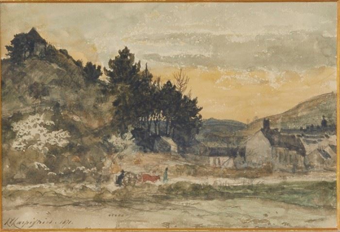 Lot #69 Henri-Joseph Harpignies (1819-1916). Watercolor on paper depicting a landscape with a house and cart. Signed and dated 1871 along the lower left. 
Provenance: Graham Gallery, New York. 
Dimensions: Unframed; height: 6 1/2 in x width: 10 in. Framed; height: 11 1/2 in x width: 14 1/4 in.