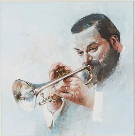 Lot #80 John Berkey (1932-2008). Oil on board portrait of Al Hirt playing the trumpet. Painting is signed along the trumpeter's sleeve. 
Provenance: Private collection, Minnesota.
Dimensions: Sight; height: 17 1/4 in x width: 17 1/4 in. Framed; height: 20 1/2 in x width: 20 1/2 in.