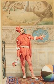 Lot #68 Jehan Georges Vibert (1840-1902). Watercolor on paper depicting a jester gesturing with a stick while holding a puppet. 
Provenance: Graham Gallery, New York. 
Dimensions: Sight; height: 15 1/4 in x width: 9 1/2 in. Framed; height: 25 3/4 in x width: 19 3/4 in.