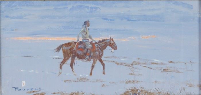Lot #12 Ace Powell (1912-1978). Oil on canvas titled Indian Rider depicting a man on horseback in the snow. Signed along the lower left.
Provenance: Distinguished corporate collection, Minnesota.
Dimensions: Unframed; height: 6 in x width: 12 in. Framed; height: 9 in x width: 15 in.