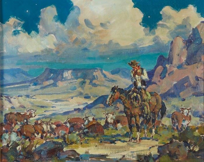 Lot #10 Marjorie Reed (1915 - 1996). Oil on canvas-laid board titled Night Herd depicting a cowboy with his herd in a mountainous landscape. Painting is signed along the lower left. Painting is titled on the verso. 
Provenance: Private collection, Minnesota. 
Dimensions: Unframed; height: 16 in x width: 20 in. Framed; height: 24 1/2 in x width: 28 1/4 in.