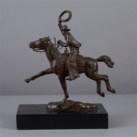 Lot #16 Harry Jackson (1924 - 2011). Bronze sculpture of cowboy on horseback. Signed and dated '59 along the base. 
Provenance: Graham Gallery, New York.
Dimensions: Height: 15 in x width: 11 in x depth: 6 in.
