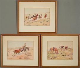 Lot #17 Leonard Reedy (1899 - 1956). Three watercolors on paper depicting Western scenes with horses and cowboys. Two are signed along the lower left; one is signed along the lower right. Two are dated 1935. 
Provenance: Private collection, Minnesota. 
Dimensions: Sight; height: 7 3/4 in x width: 11 in. Framed; height: 14 1/2 in x width: 17 in.
