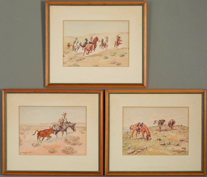 Lot #17 Leonard Reedy (1899 - 1956). Three watercolors on paper depicting Western scenes with horses and cowboys. Two are signed along the lower left; one is signed along the lower right. Two are dated 1935. 
Provenance: Private collection, Minnesota. 
Dimensions: Sight; height: 7 3/4 in x width: 11 in. Framed; height: 14 1/2 in x width: 17 in.
