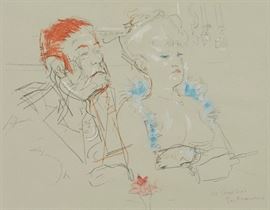 Lot #73 Jack Levine (1915-2010). Pencil and colored pencil on paper titled "Facing East." Drawing is inscribed "At Amelio's, San Francisco" along the lower right. 
Provenance: Private collection, Minnesota. 
Note: Portion of proceeds from this lot will be donated to the Salvation Army. 
Dimensions: Sight; height: 10 3/4 in x width: 14 in. Framed; height: 21 3/4 in x width: 23 1/2 in.
