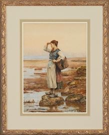 Lot #65 
Daniel Ridgway Knight (1839-1924). Watercolor on paper depicting a peasant woman with a basket looking out to sea. Painting is signed along the lower left and inscribed "Paris." 
Provenance: Graham Gallery, New York. 
Dimensions: Sight; height: 14 in x width: 10 in. Framed; height: 21 1/4 in x width: 17 in.