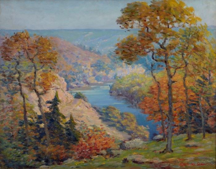 Lot #3 Carl Rawson (1884 - 1970). Oil on canvas depicting a vista of the St. Croix river through autumn trees, c. 1935. Signed along the lower right. 
Provenance: Private collection, Minnesota.
Dimensions: Unframed; height: 25 in x width: 32 in. Framed; height: 30 3/4 in x width: 37 3/4 in.