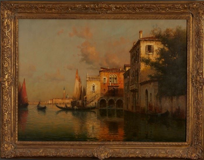Lot #61 
Antoine Bouvard Jr (1913 - 1972). Oil on canvas depicting a Venice harborscape. Painting is signed along the lower right. Provenance: Private collection, Minnesota.
Dimensions: Unframed; height: 24 in x width: 32 in. Framed; height: 29 1/2 in x 37 3/4 in.