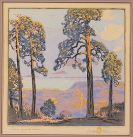 Lot #15 Gustave Baumann (1881 - 1971). Color woodblock print titled Pines--Grand Canyon (Cañon). Print is hand signed and marked along the lower right, and titled along the lower left. Numbered 41.
Provenance: Albert Roullier Art Galleries, Chicago, Illinois. 
                      Private collection, Minnesota. 
Literature: Acton, Krause and Yurtseven, Gustave Baumann: Nearer to Art, 1993, p. 47.
Biography: Gustave Baumann was born in Germany in 1881. He immigrated to the United States with his family at the age of ten, ending up in Chicago. In Chicago, he apprenticed at an engraving company while studying at the Art Institute of Chicago by night. Following his studies, he began to work in advertising, opening his own firm in 1903. However, his true interest was always in art, so after saving enough money, he traveled to Germany to study at the  Kunstgewerbe Schule, or School of Arts and Crafts. The meticulous craftsmanship taught at this school became a defining feature of Baumann’s 