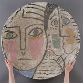 Lot #59 Large polychrome painted stoneware charger after Pablo Picasso. 
Provenance: Sweatt Estate, Wayzata, Minnesota.
Acquired from above.
Dimensions: Height: 4 3/4 in x diameter: 32 1/2 in.