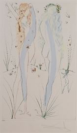 Lot #60 Salvador Dali (1904 - 1989). Hand-colored drypoint etchings with gold dust. 11 prints from Dali's 1972 series Song of Songs of Solomon, including Universal Man, Bareback Rider or Horseman, Shepherd of the Roses, Deux Visages, Universal Woman, The King, Peace, Valley of the Kings, Reclining Nude, Two Nudes, and Grapes. All are pencil signed along the lower right; Grapes, Two Nudes, Reclining Nude, Peace, The King, Bareback Rider or Horseman, and Universal Man are inscribed E.A. along the lower left for Eprueve d'Art (artist's proof). The rest are numbered in pencil along the lower left: Universal Woman is numbered 150/250; Deux Visages is numbered 117/250; Shepherd of the Roses is numbered 147/250; and Valley of the Kings is numbered 39/250.
Provenance: Private collection, Minnesota.
Dimensions: Sheet; height: 22 1/2 in x width: 15 in. Plate; height: 16 in x 9 1/2 in.