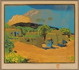 Lot #14 Gustave Baumann (1881 - 1971). Color woodblock print titled Summer Rain. Print is hand signed along the lower right and titled along the lower left. Number 26 out of 100.
Provenance: Albert Roullier Art Galleries, Chicago, Illinois. 
                      Private collection, Minnesota. 
Biography: Gustave Baumann was born in Germany in 1881. He immigrated to the United States with his family at the age of ten, ending up in Chicago. In Chicago, he apprenticed at an engraving company while studying at the Art Institute of Chicago by night. Following his studies, he began to work in advertising, opening his own firm in 1903. However, his true interest was always in art, so after saving enough money, he traveled to Germany to study at the  Kunstgewerbe Schule, or School of Arts and Crafts. The meticulous craftsmanship taught at this school became a defining feature of Baumann’s art throughout his career. 
When he returned to Chicago, he immersed himself in his art, quickly gaining 