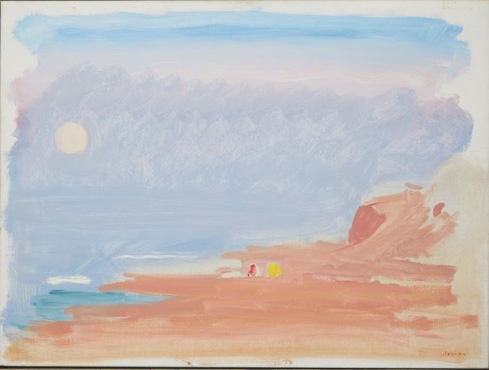 Lot #25 Paul Resika (b. 1928). Oil on canvas titled "August Moon," depicting a moonlit beach scene. Signed along the lower right. Graham Modern tag attached along the verso which dates the piece to 1984. 
Provenance: Graham Gallery, New York.

Dimensions: Unframed; height: 24 in x width: 32 in. Framed; height: 25 in x width: 33 3/4 in.