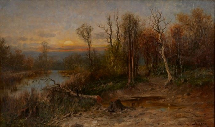 Lot #7 John Fery (1859 - 1934). Oil on canvas depicting an autumnal landscape with trees overlooking a river at sunset. Painting is signed along the lower right.
Provenance: Private collection, Minnesota. 
Dimensions: Unframed; height: 18 in x width: 30 in. Framed; height: 24 in x width: 36 in.