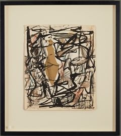 Lot #27 Hugh Kappel (1910-1988). Collage on paper in black and gold. Signed along the lower right. 
Provenance: Estate of the artist.
Dimensions: Sheet; height: 16 1/2 in x width: 13 3/4 in. Framed; height: 26 1/2 in x width: 23 1/4 in.