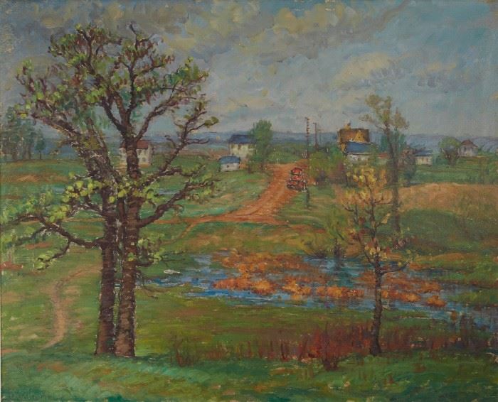 Lot #1 Ada Wolfe (1878 - 1945). Oil on canvas titled "Spring," depicting a landscape with trees, a river, and a village. Signed and dated 1941 along the lower left. Further signed and dated on the verso, and inscribed with the title and artist's address. 
Provenance: Private collection, Minnesota. 
Dimensions: Unframed; height: 34 1/4 in x width: 42 in. Framed; height: 38 1/2 x width: 46 3/4 in.
