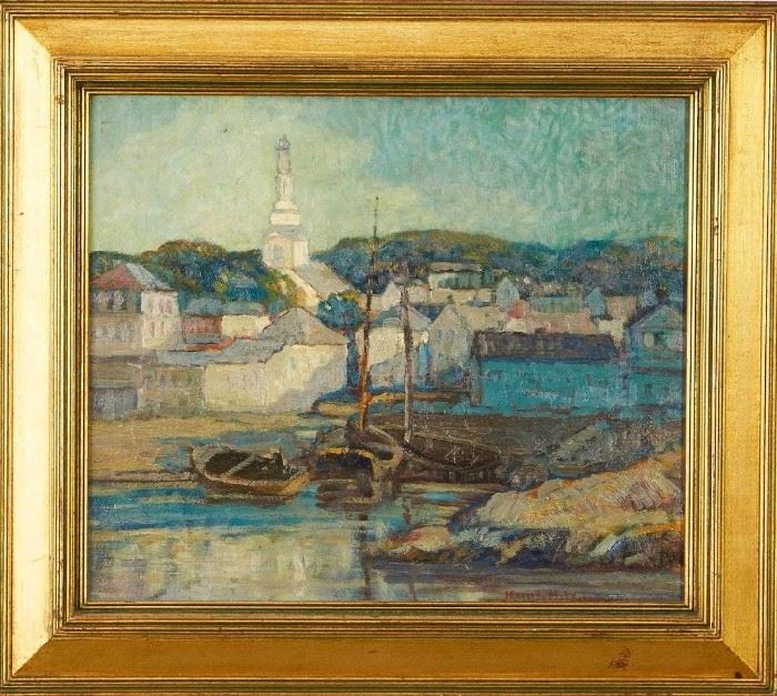 Lot #5 Knute Heldner (1877 - 1952). Oil on board with thickly painted impasto depicting a cityscape of Gloucester. Painting is signed along the lower right.
Knute Heldner was a Swedish immigrant to the United States, working primarily in Duluth, Minnesota and New Orleans, painting the landscapes and people in these places. His work won high acclaim, with one painting even being hung in the White House. His wife, Colette Pope Heldner, was also an artist.
Provenance: Private collection, Minnesota. 
Dimensions: Sight; height: 15 in x width: 17 1/2 in. Framed; height: 21 1/4 in x width: 23 3/4 in.