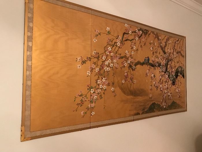Handpainted folding screen , four panels, gilt and cherry blossoms. 