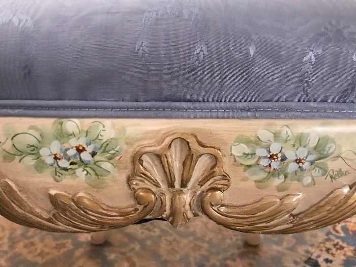 Detail, botanical handpainted dining room set with light blue silk moire seats. 