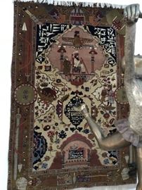 Egyptian Wool multi-symbol carpet, Egyptian motif, King Darius, skulls, Arabic writing. 