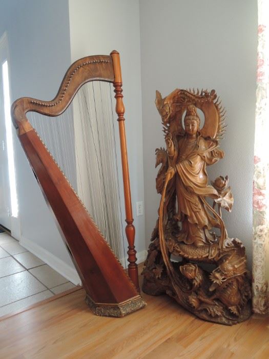 Original Chinese Wood Carved Guan Yin; 51 inches in height: 19th  Harp purchased in Frankfurt, Germany