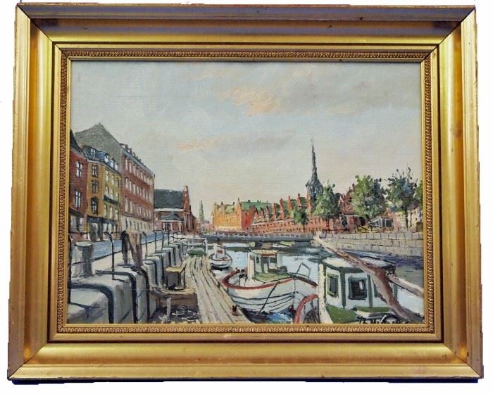 Canal View by Theodor Ulrichsen (Danish, 1905-1970). Oil on Canvas,