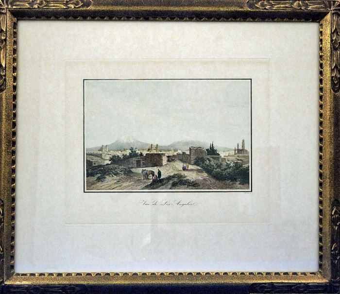 "Vue de Los Angeles, 1836"   by Isadore Deroy (French, 1797-1886). Hand-Colored Lithograph. 