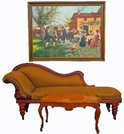 Mahogany Victorian Chaise Lounge, Marquetry Table, Oil on Canvas - Tavern Scene