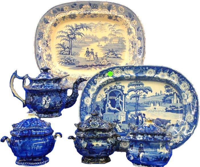 Blue & White Staffordshire Transferware - Sugar Bowls, Pots, & Platters all as found. 