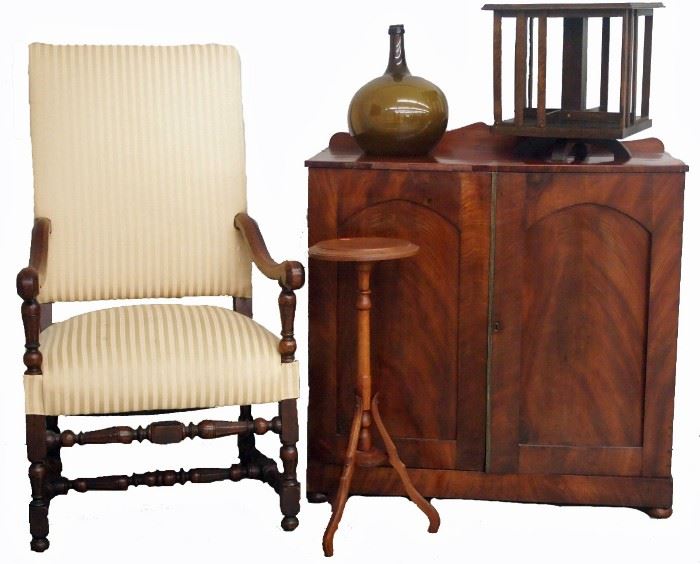 Mahogany Linen Cabinet, French Armchair, Revolving Bookshelf