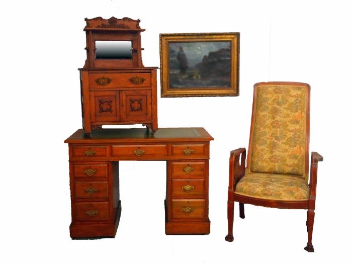Mahogany Reclining Arm Chair, Child's Oak Sideboard, Mahogany Kneehole Desk