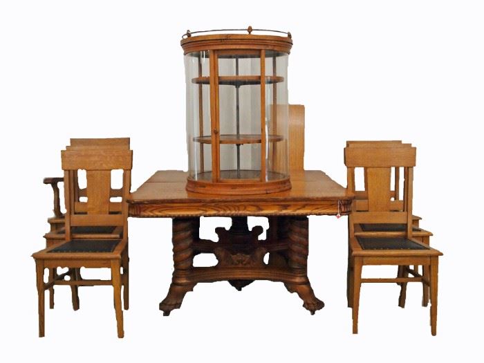 Square Oak Table with Four Leaves, Six Dining Chairs, Curved Glass Revolving Oak Counter Top Display Cabinet by Crystal Case Co. 