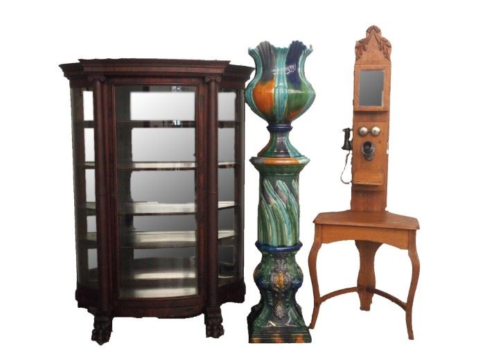 Serpentine Front Mahogany China Cabinet, Oak Telephione Stand, Majolica Jardineer and Stand