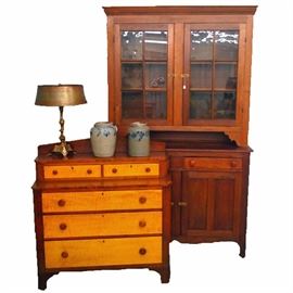 American Walnut Step-Back Cupboard, Cherry & Maple Chest, Stoneware