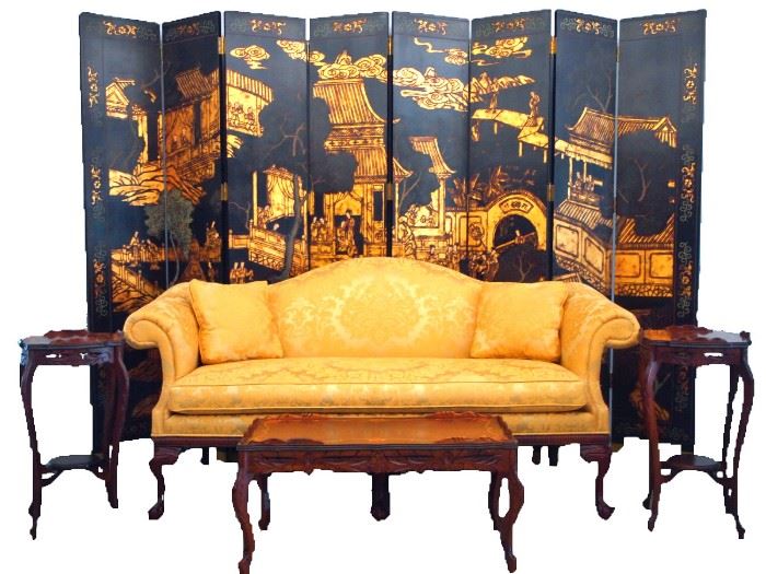 Pennsylvania House Sofa, Eight Panel Chinese Lacquer Screen, Inlaid Tables