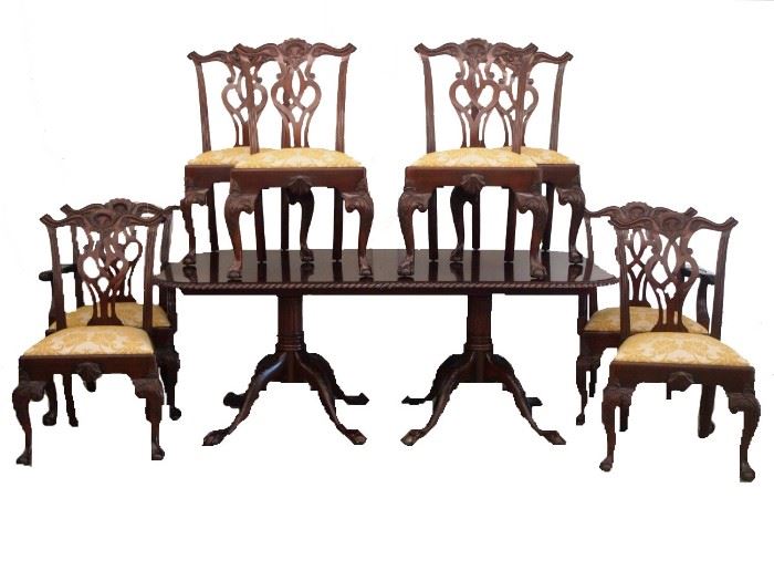 Mahogany Two Pedestal Dining Table with Leaf, Eight Mahogany Dining Room Chairs 