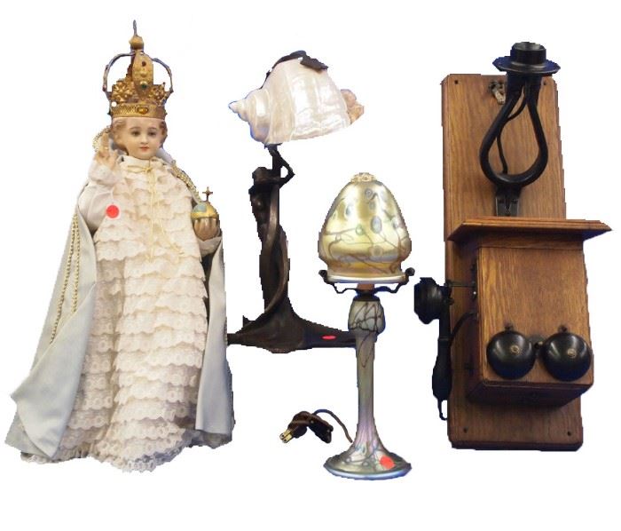 Infant of Prague Figure,  Bronze Lamp, Oak Wall Phone, Art Glass Lamp by Carl Radke