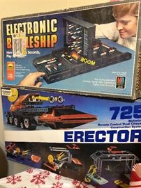 Vintage Elextronic Battleship game and Vintagr Erector set